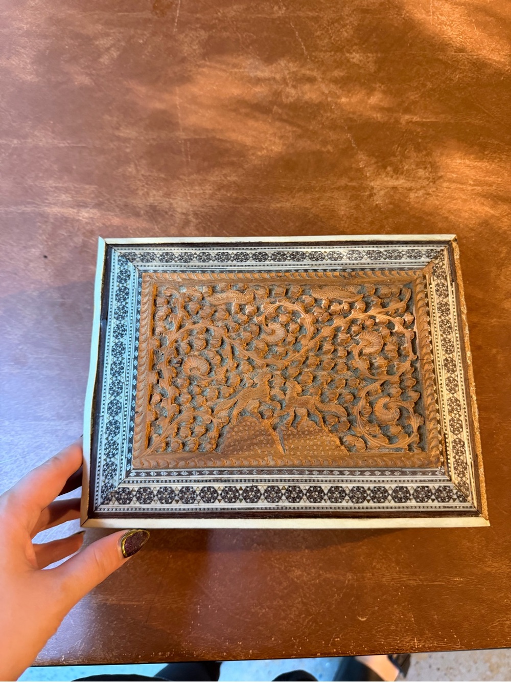 Inlaid Indian carved wooden box with key